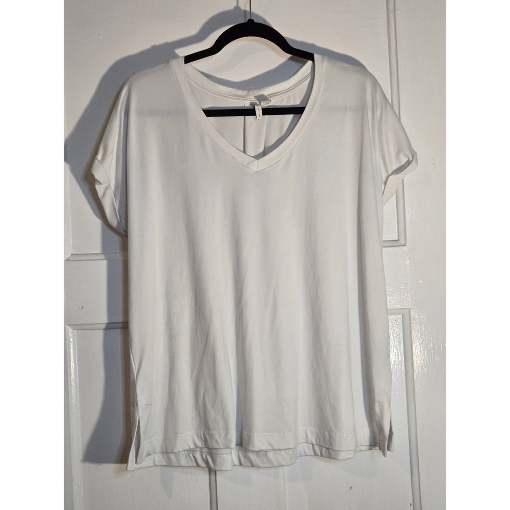 Cato White V-Neck Cuffed Short Sleeve Pleated Back Knit Top Large
